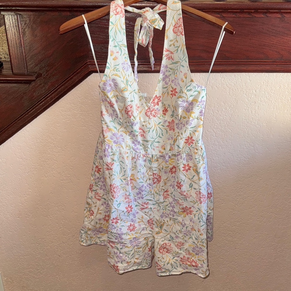 Copper Key Multicolor Floral Romper Halter V Neckline Open Back Casual Outfit